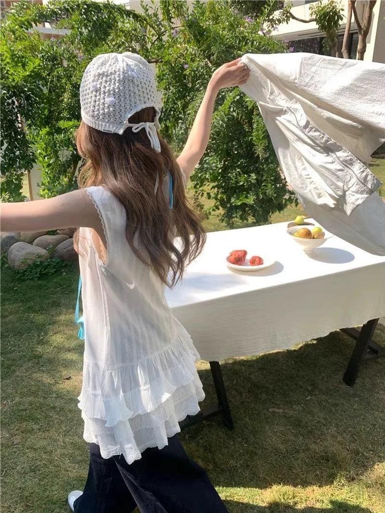 Women's Spring Lace Trim Casual Vest Dress & Loose Long Sleeve Camisole Top Set - Fresh White