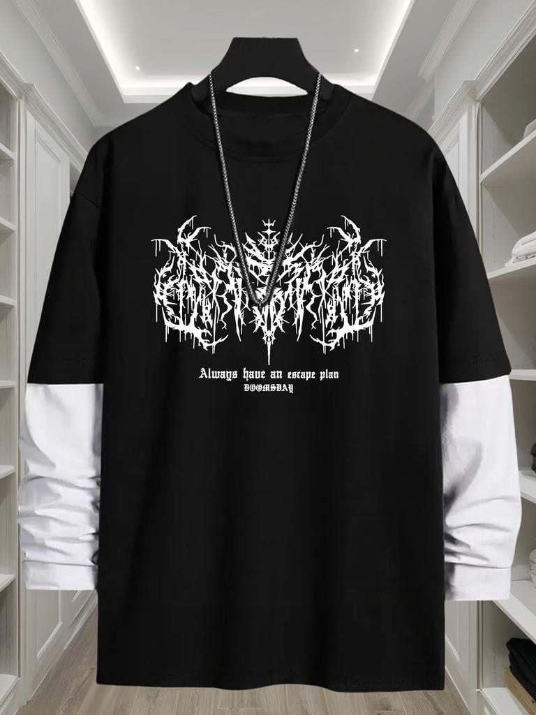 Mens Faux Layered Long Sleeve T Shirt, Casual Gallery Tops, Regular Fit for Art Errands Outdoor Stroll Commute Leisure Wear