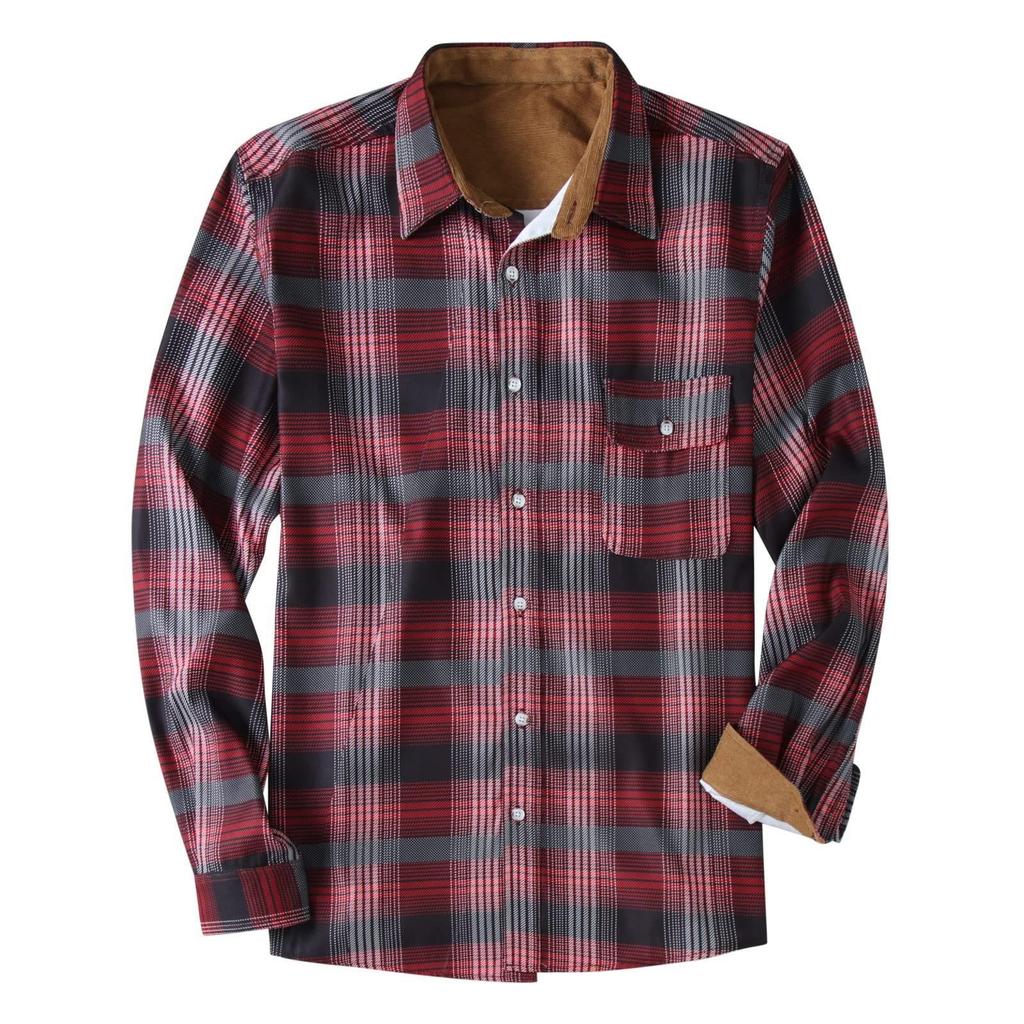 Men's Fashion Casual Loose Plaid Pocket Lapel Long Sleeve Shirt Top Blouse