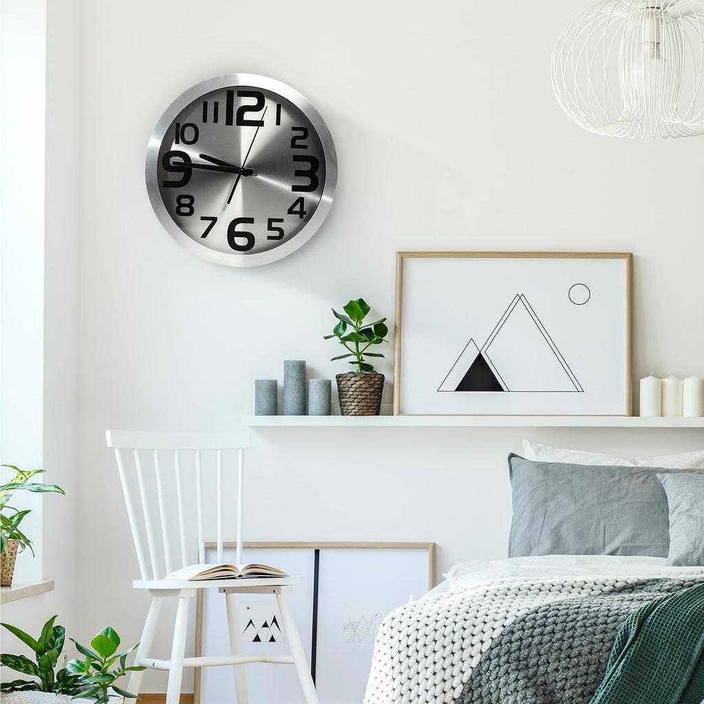 RUMOKI Wall Clock, 12 Inches, Quiet, Tempered Glass, Shockproof, Rustless Steel, Scandinavian Design, For Bedroom, Living Room, Office, 30CM