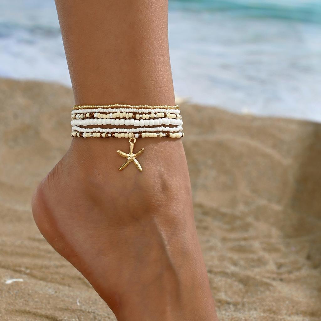Summer Fashion Multilayer Rice Beads Starfish Pendant Anklet for Women Female Boho Colorful Zircon Beach Foot Ankle Chain Gifts