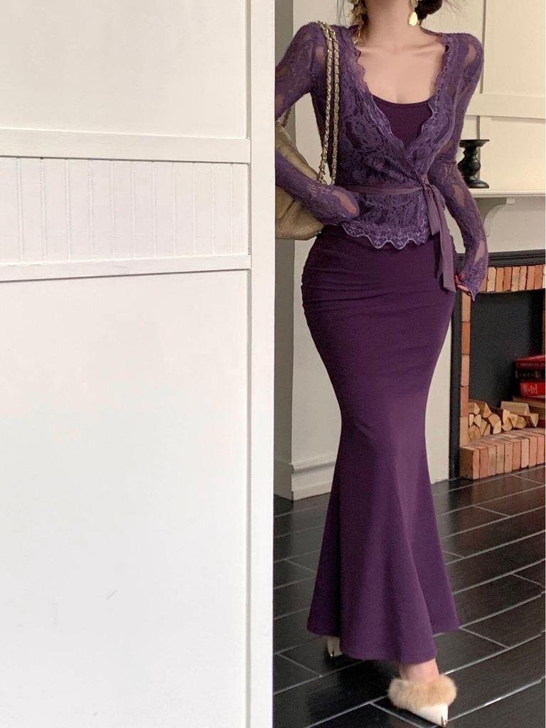 Purple Lace Cardigan & Fishtail Camisole Dress Set - Women's Sexy Autumn Fashion Two-Piece