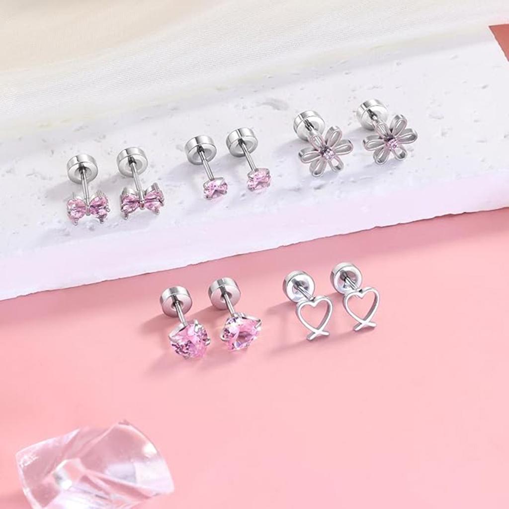 Cute Bowknot Butterfly Heart Flower Studs Surgical Steel Earrings Allergy Resistant for Sensitive Ears with Screw Back