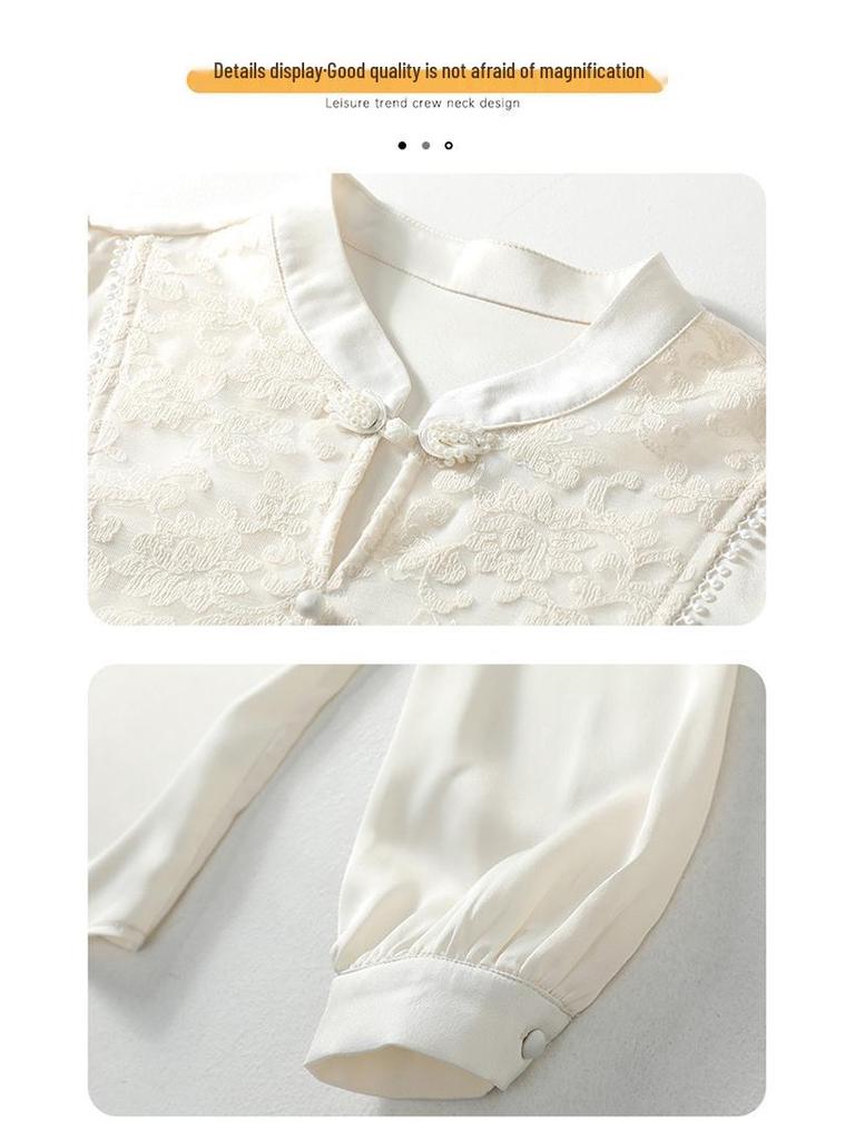 Elegant 2025 Spring Chiffon Blouse with Traditional Chinese Frog Button and Heavy Embroidery for Women