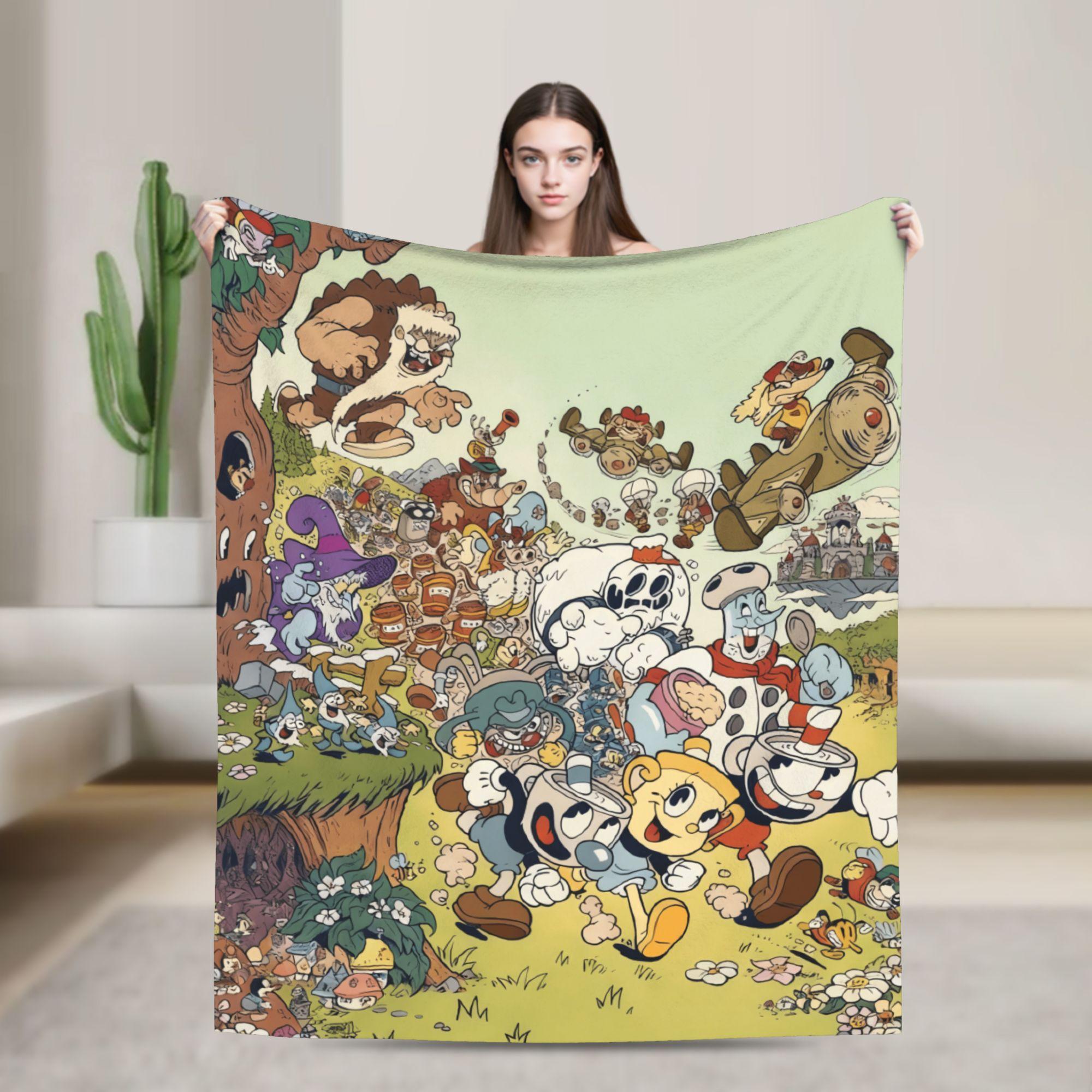 

Warm Soft Blankets Child Camping Cupheads & Mugmans Throw Blanket Cartoon Flannel Bedspread Couch Chair Novelty Sofa Bed Cover 75cmx90cm