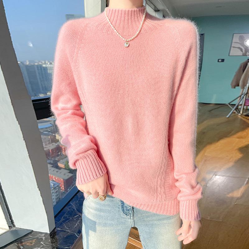 Women's Thick Wool Knitted Sweater, Loose Fit, Half-High Neck, Long-Sleeved, Slimming Base Top