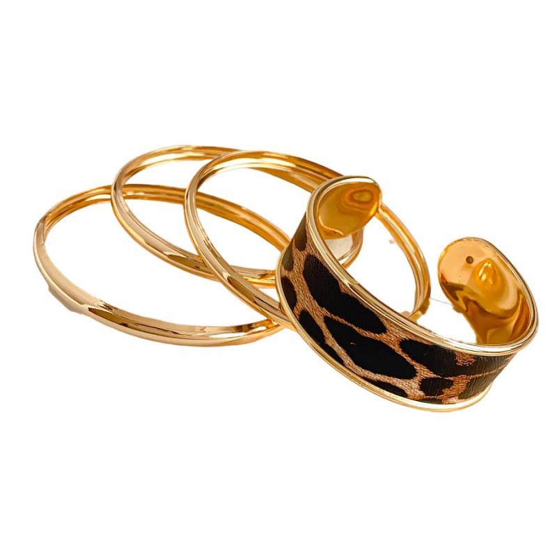 Gold Tone Geometric Leopard Print Layered Open Cuff Bracelet Minimalist Vintage Style Womens Fashion Jewelry