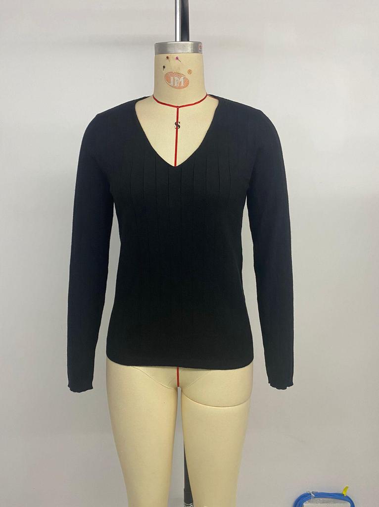 Women's V-Neck Ribbed Knit Sweater - Casual, Simple, Solid Color, Loose Fit (Autumn/Winter 2025)