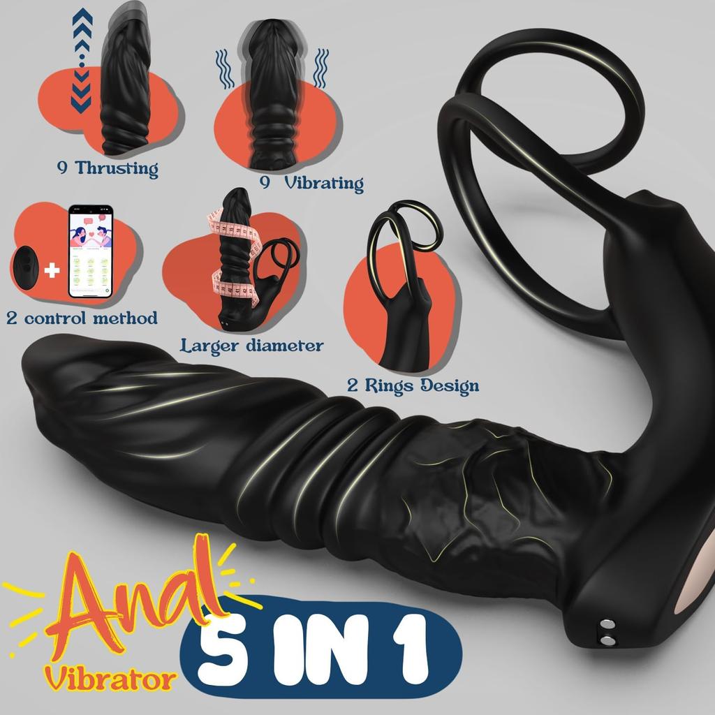 5-in-1 Prostate Massager Thrusting Anal Vibrator, Big Vibrating Anal Dildo Butt Plug with Dual Silicone Cock Ring, Male Sex Toy for Man Gay Couple