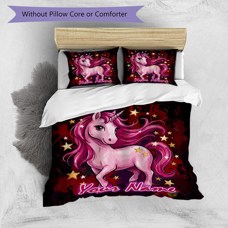 3pcs Custom Name Magical Unicorn Fantasy Bedding Set Printed Bedding Set Duvet Cover Closure Includes 1 Duvet Cover & 2 Pillowcases Bedroom Decor