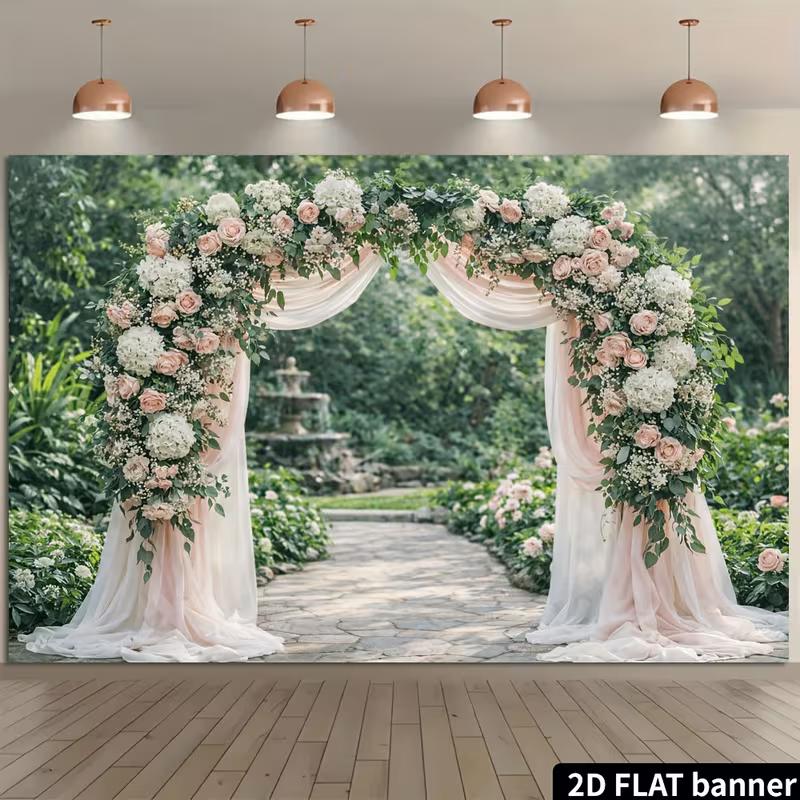2D Romantic Floral Wedding Tapestry, Blush Pink Arch Garden Background