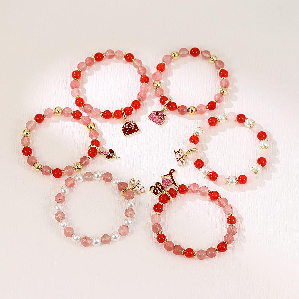 Elegant Handmade Beaded Semi-Precious Stone Bracelet with 18K Copper-Plated Heart LOVE Pendant