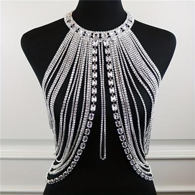 Multi Layers Long Rhinestone Tassel Chest Chain Shiny Luxury Body Chain Body Accessory