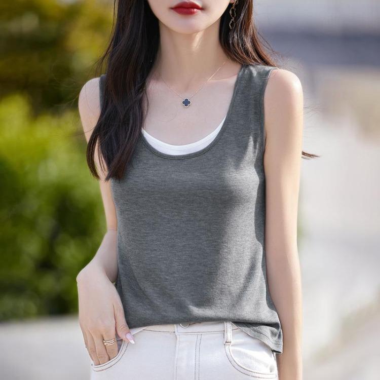 New Women Double Layered Tennis Vest Top Contrast Color Large U Neck Fake Two Piece Sleeveless Suspender Base Shirt Tshirt