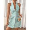 Summer Halter Strap Bow Striped Beach Shirt Dress Single-row Button Printed Backless A-shaped Sexy Suspender Party Dress Slim Mini Dress for Women