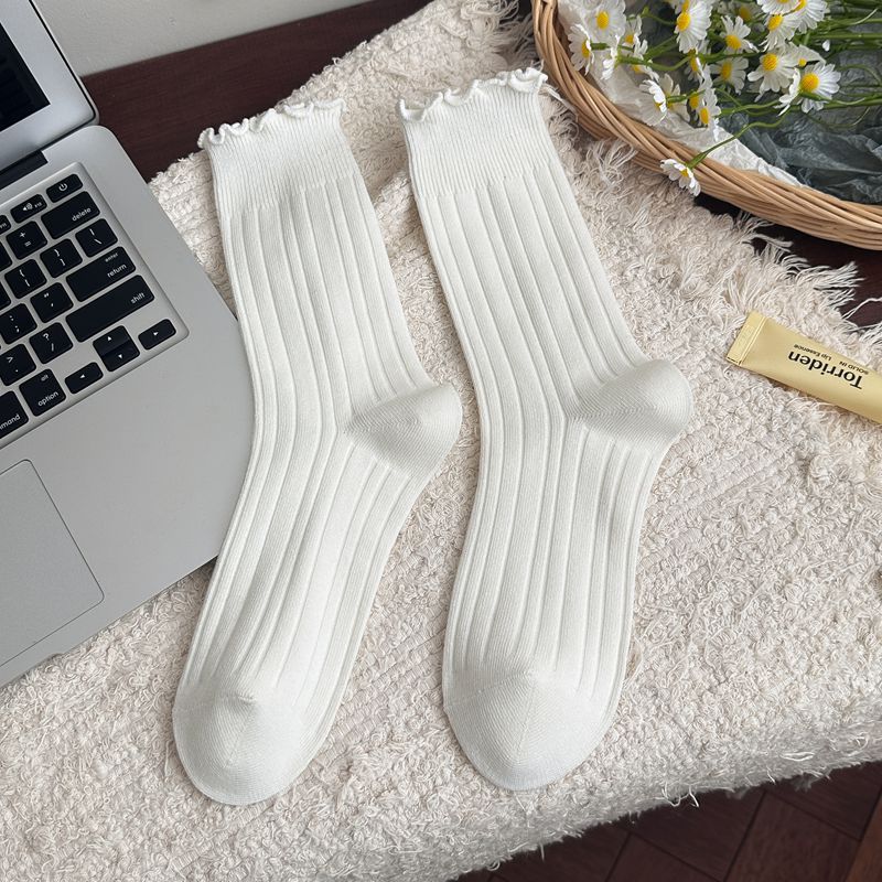Socks For Women, Solid Color Double-Needle Fungus Edge Medium Long Tube Stacking Socks, Versatile Combed Cotton Confinement Socks