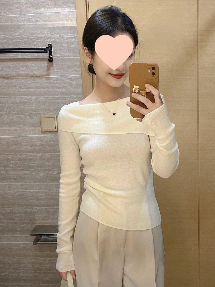 French Style Off-Shoulder Knitted Long-Sleeve Top for Women - Spring/Autumn 2025 Slim-Fit Sweater