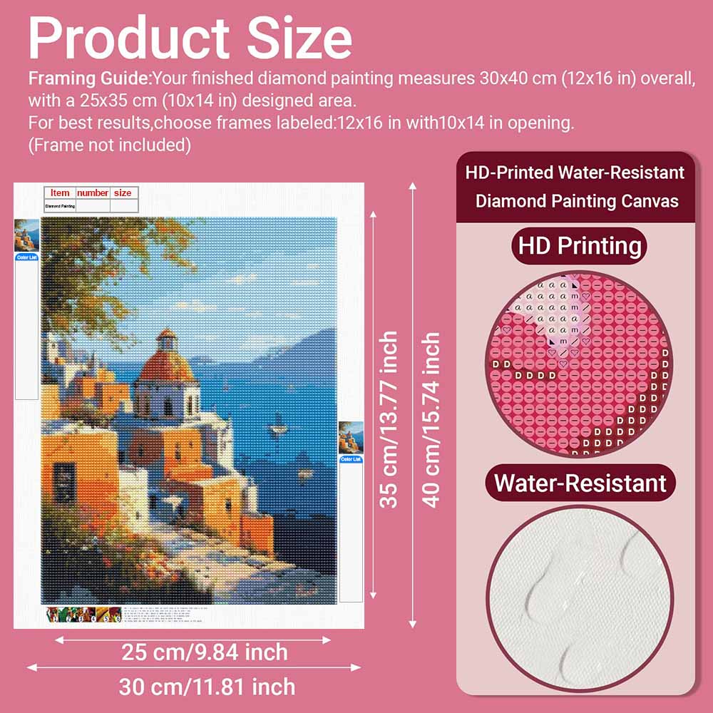 Diamant Schilderij Kit. Doe-het-zelf Diamantkunst. Santorini Mediterrane Scenery Cadeau voor Vrienden en Familie. Woondecoratie Kunstwerk (Volronde Boren)