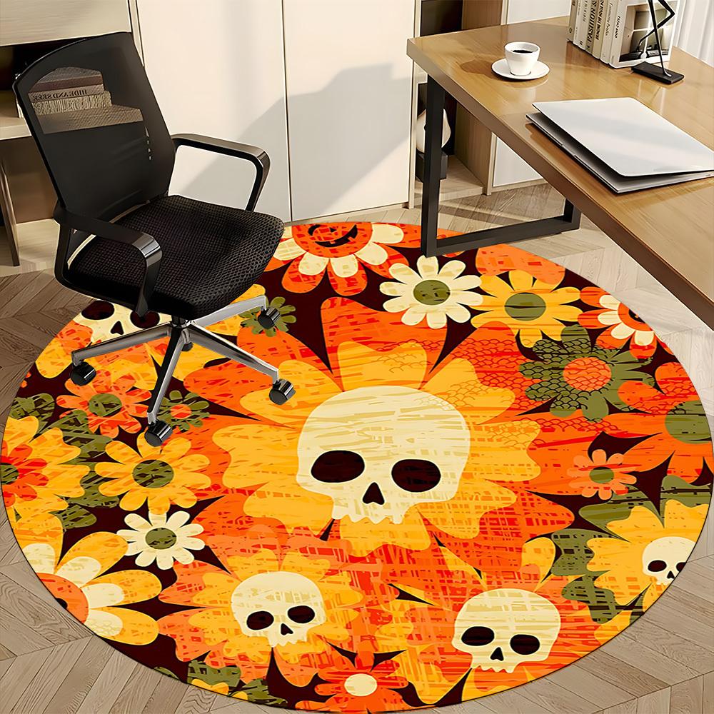 1pc Skull Flowers Office Round Area Rug, Mat Suitable For Office, Under Office Chairs Bedroom Living Room Home Decor, Room Deco