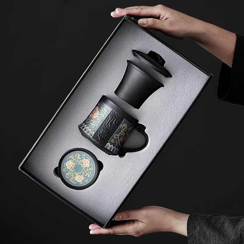 Purple sand teacup with lid filter tea separation cup office cup mug household personal tea cup gift box