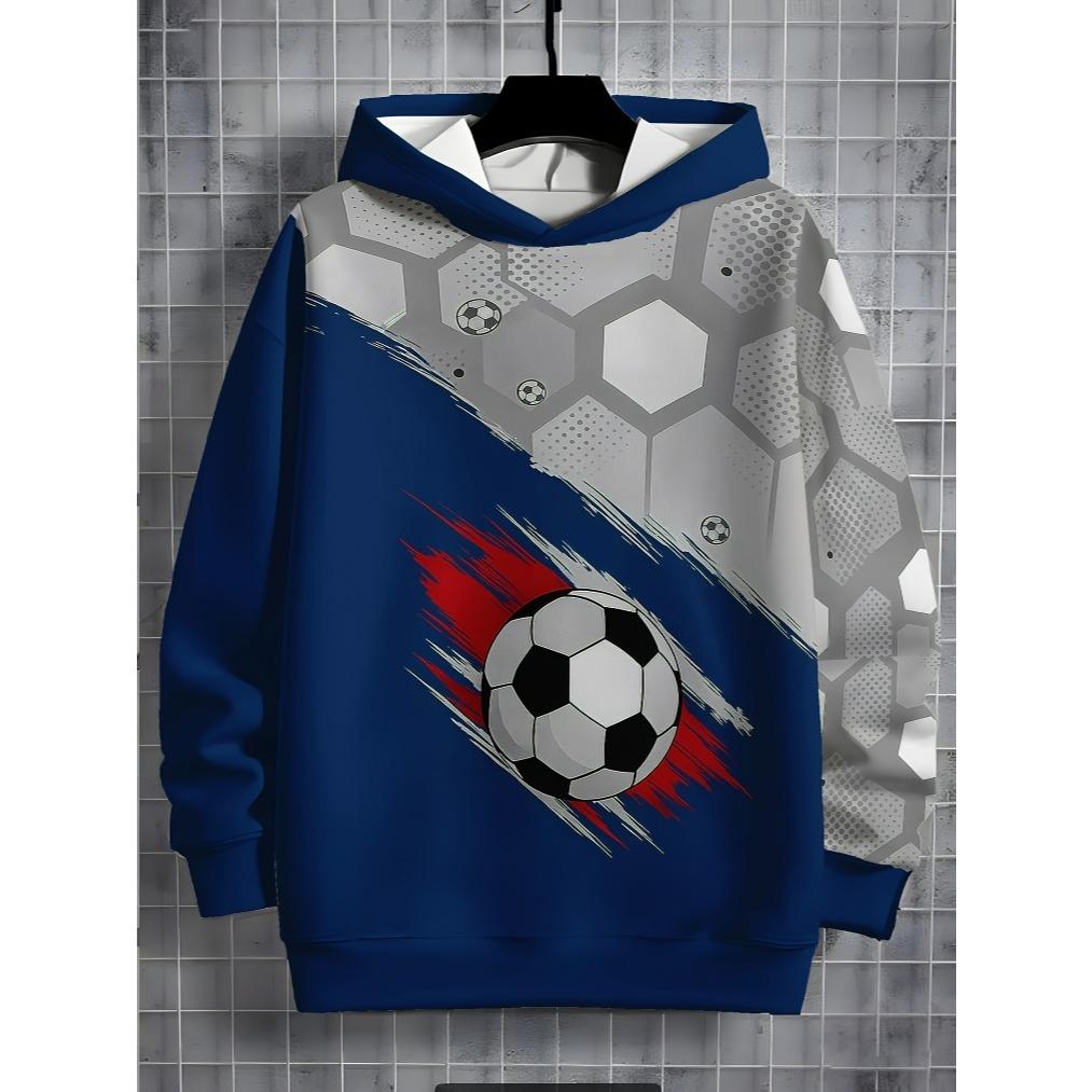 Boys' fashionable 3D printed football pattern, comfortable and versatile long sleeved hooded top for children