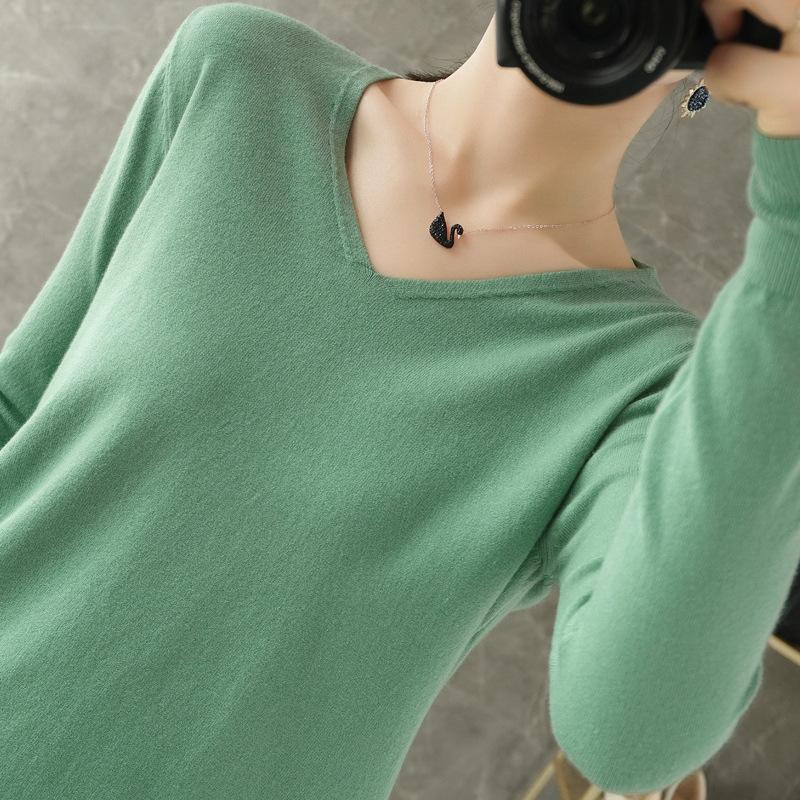 Women's V Neck Long Sleeve Solid Knit Sweater Slim Basic Layering Pullover Jumper