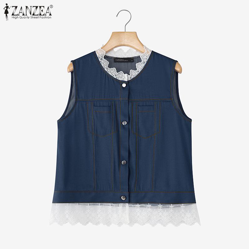 ZANZEA Women Casual Lace Splice Summer Round Neck Sleeveless Tank Tops