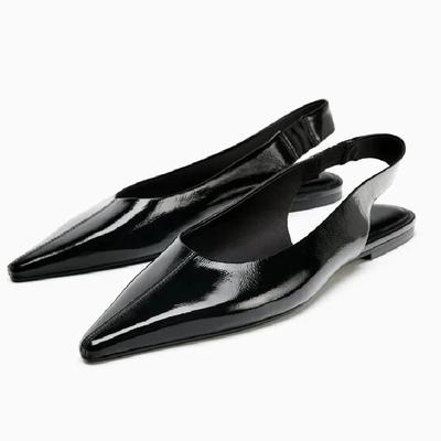 Black Patent Leather Ballet Flats Women Fashion Pointed Head Slingback Low Heel Pumps Elegant Commuter Office Shoes Flat Sandals