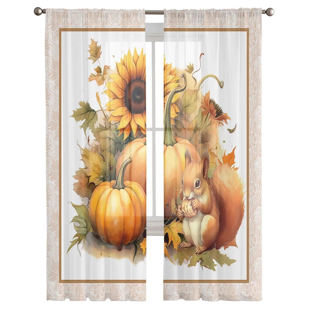 Autumn Pumpkin Squirrel Sunflower Sheer Curtains For Living Room Bedroom Tulle Curtain For Kitchen Voile Curtain Blind Panels