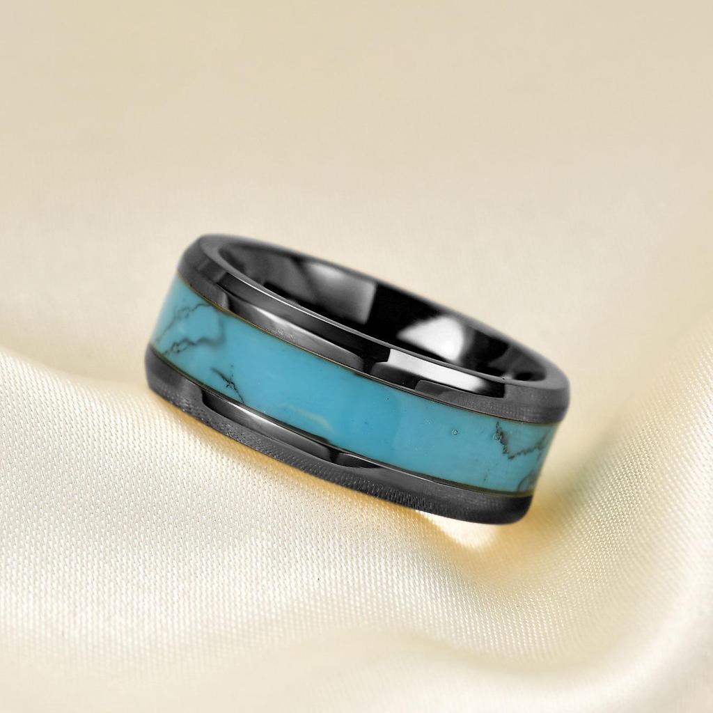 8MM Stainless Steel Natural Turquoise Fashion Ring - Versatile Personality Style