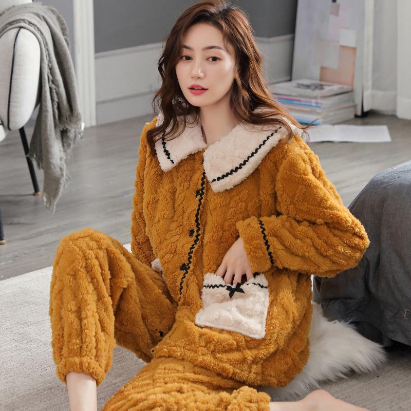Pajama Women's Autumn/Winter Coral Velvet Set New Women's Flannel and Fleece Thickened Warm Home Wear