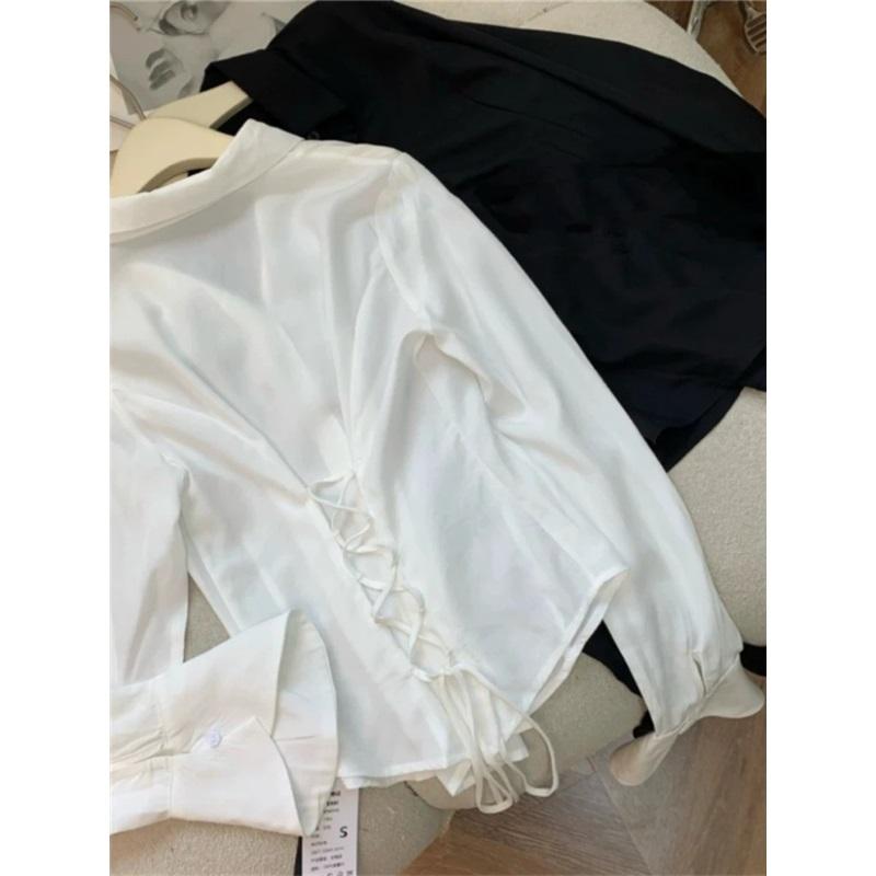 Sexy Slim Flared Sleeve Women's Shirt Solid Lapel Single-breasted Back Bandage Tunic Female Blouses Spring Trend New Lady