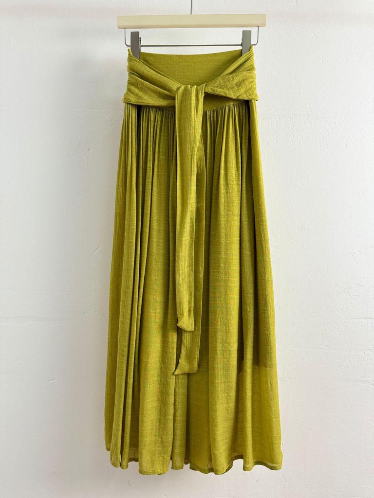 Damen Midi-Rock im Strandstil aus Baumwoll-Leinen mit Schnürung, A-Linie, mit Aquarell-Design