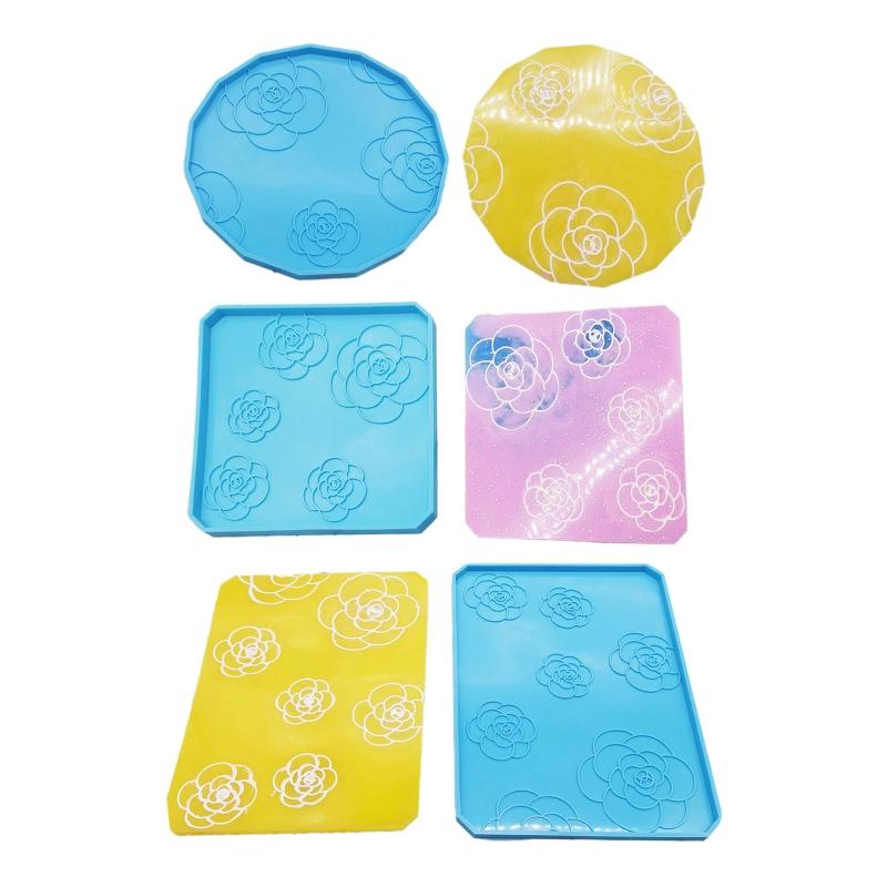 Quadratische Runde Tassenmatte Silikonform Kamelienmuster Untersetzerformen Tassenablage Gussformen für Harzmattenherstellung DIY-Basteln