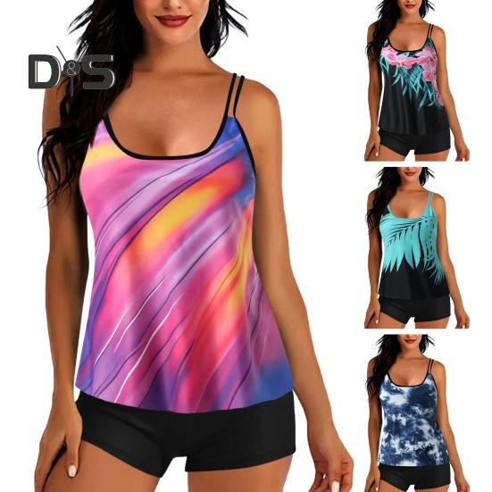 2-teiliges Tankini-Set mit abnehmbarem Brustpolster und verstellbaren Schultergurten, Oberteilen und elastischer Taille, bedrucktem Badehosen-Set, Strandmode