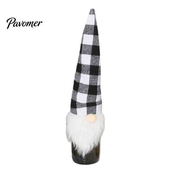 Cute Santa Gnome Ornament Christmas Wine Bottle Cover, Fluffy Artificial Beards Decor, Plaid Festive Kitchen Counter Decor Toppers for Holiday