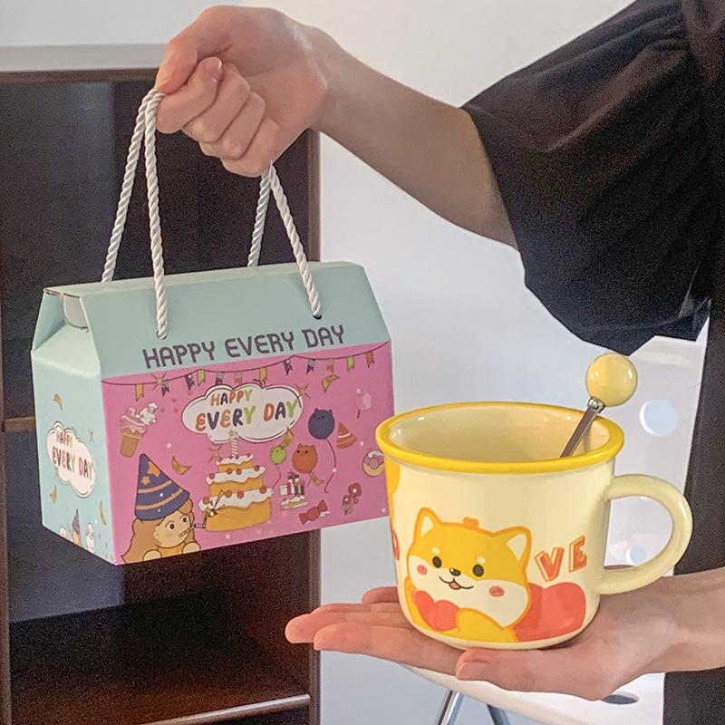 Ceramic Cup with Spoon with High Appearance Cute Household Couple Water Cup Gift Box Hand Gift Creative Mug