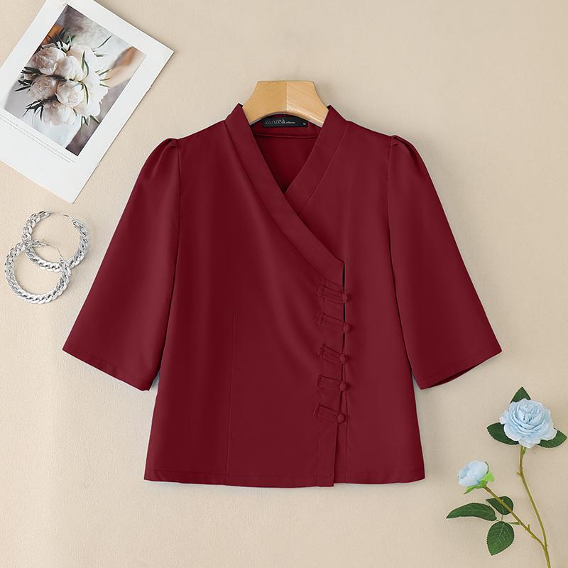 ZANZEA Women Summer V-Neck Solid Color Half Sleeve Blouse