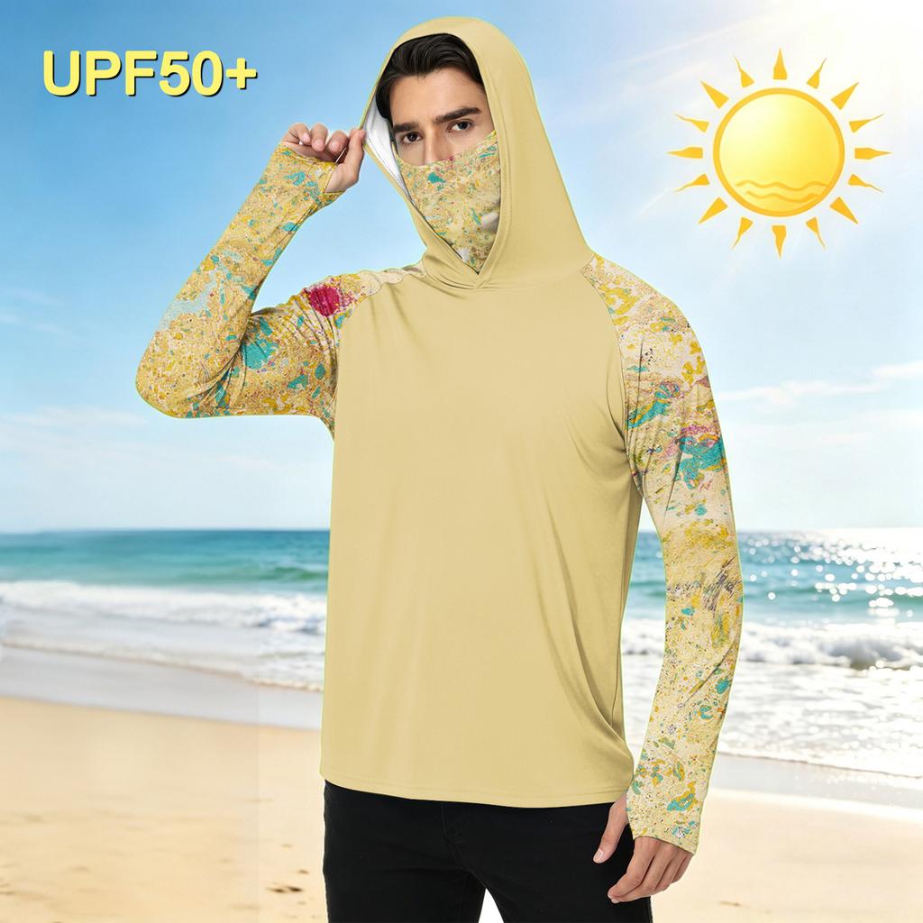 Men's Casual Outdoor Hooded Long Sleeve Sun Protection Shirt Tie Dye Print Lightweight Breathable Quick Dry Fabric