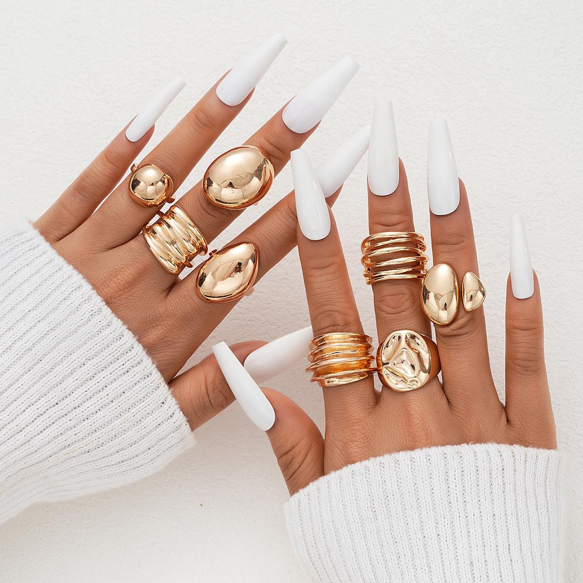 

8Pcs/Set Exaggerated Gold Color Irregular Open Rings For Women Vintage Smooth Wide Face Open Ring Set New Fashion Chunky Jewelry