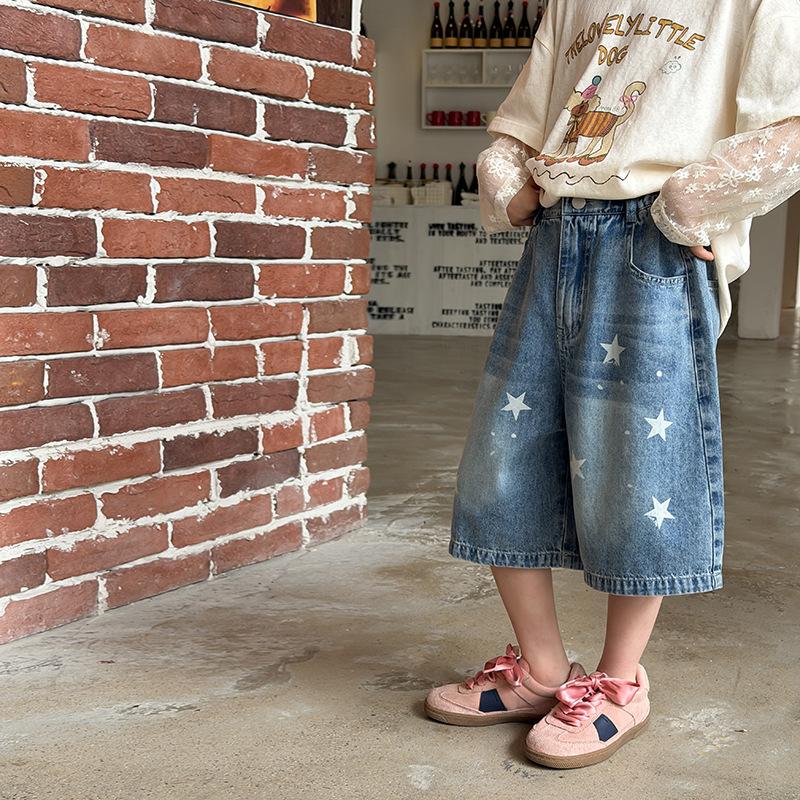 Girls  Summer Loose-Fit Star-Print Wide-Leg Washed Denim Cropped Pants 120