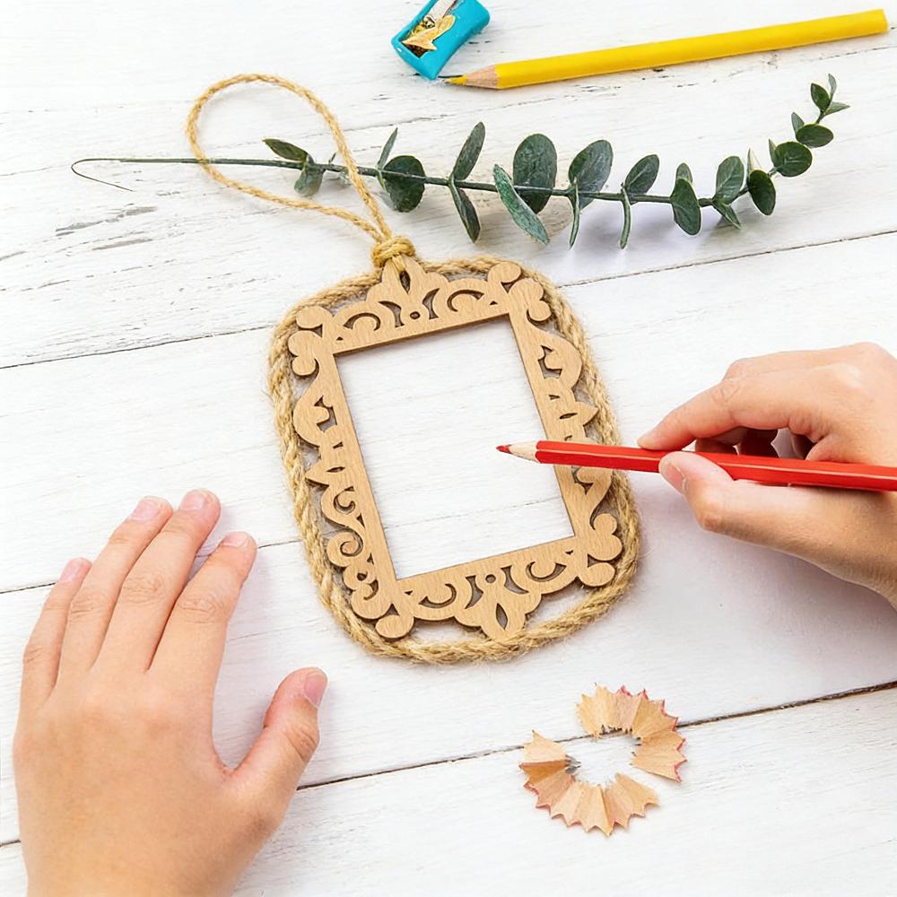 24 PCS Vintage Carved Wooden Frames Set with Jute String, 6 Designs for Photo Display, DIY Crafts, Wedding & Home Wall Decor