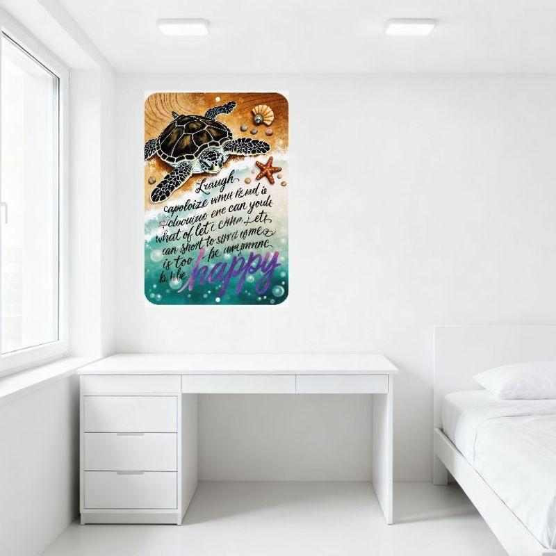 Whimsical Beach Metal Tin Sign with Sea Turtle, Starfish, Nautilus Shell - Motivational Quote Mirror Message Happy Emphasis Home
