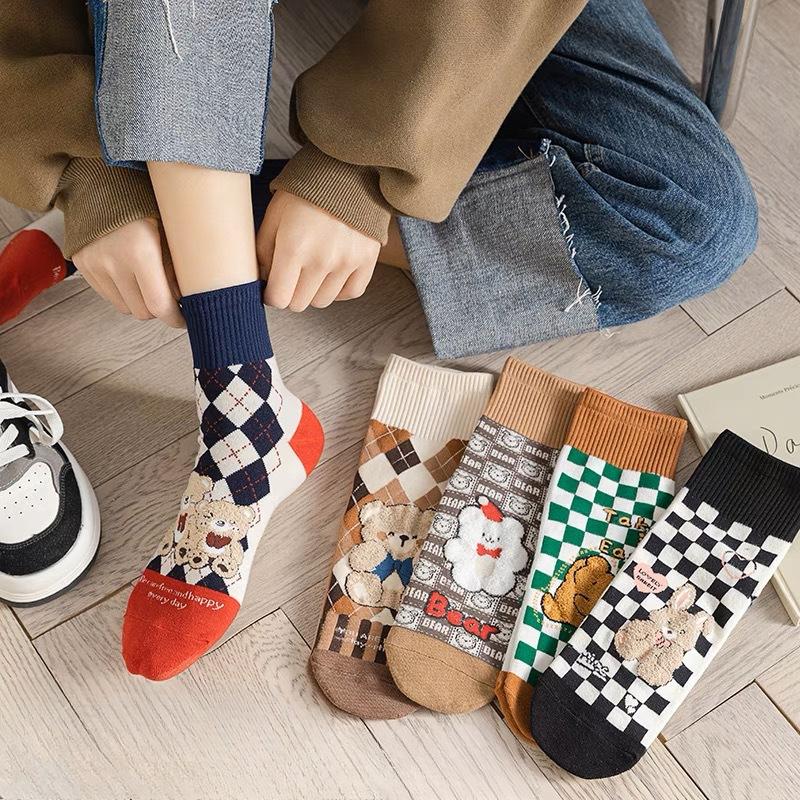 Cute Little Bear Socks, Cartoon Checkerboard Pattern, School Style, Versatile Cotton Socks, Trendy Short Socks
