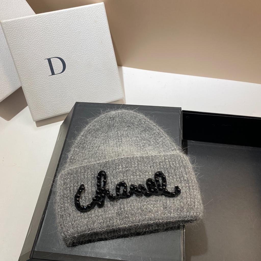 Pearl Hat Rabbit Hair Warm Knit Hat Women's Fashionable Winter Cold Hat Increase And Lengthen Double Folded Edges Hat