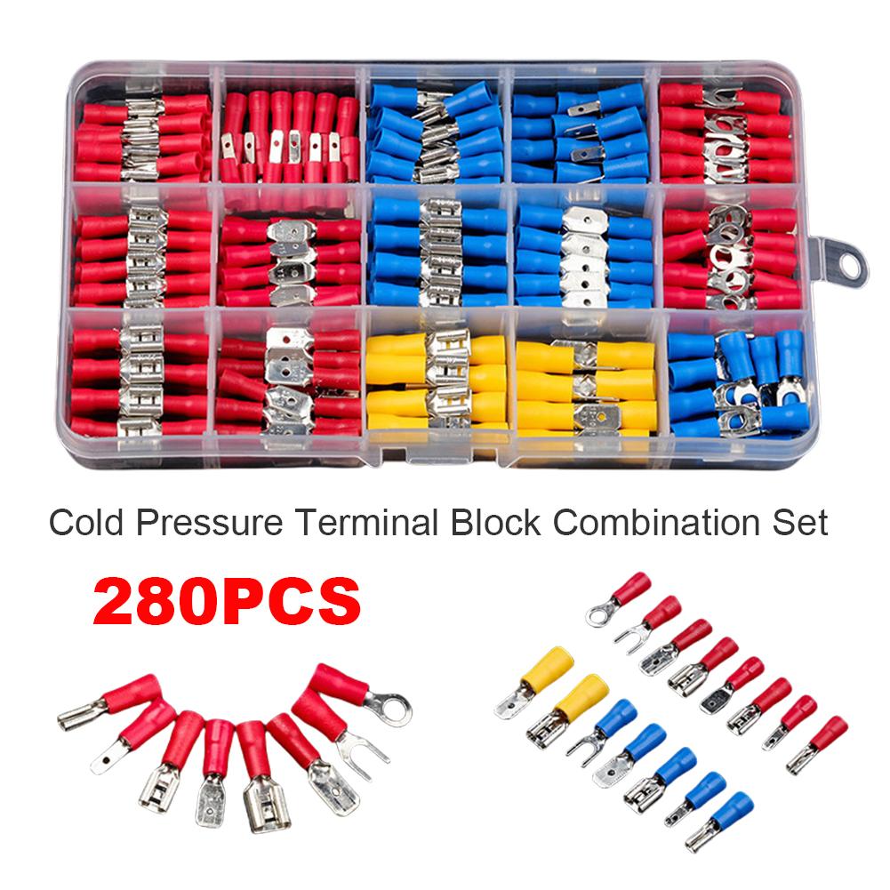 Zestaw 280 sztuk zacisków do przewodów elektrycznych, konektorów oczkowych, płaskich, tulejek, złączek, końcówek, zestaw assortmentowy, zaciskane na zimno