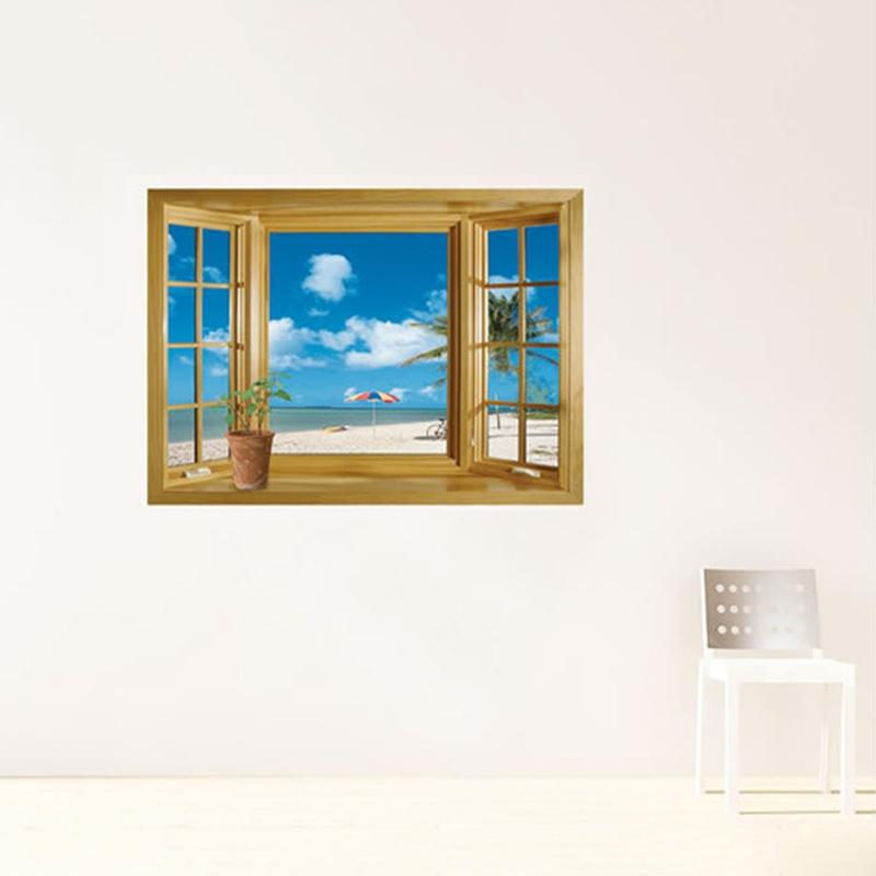 New Window 3D Print Beach View Sea Landscape Wall Stickers Art Mural Decal Wallpaper Living Room Decor