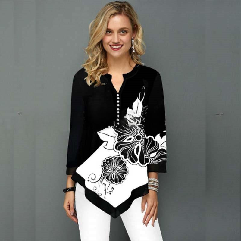 

VEZFAA Женская мода Повседневная весна-осень Цветочный узор Принт Длинные рукава V-образный вырез Блузки и рубашки XXXXXL чёрный
