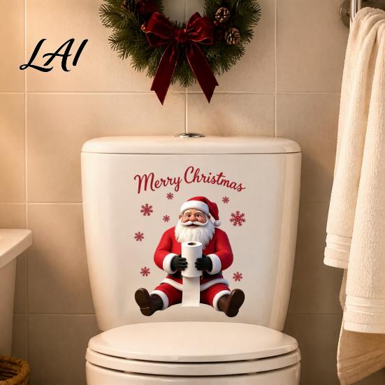 Holiday Home Decor Stickers Santa Claus Toilet Sticker Waterproof PVC Christmas Bathroom Decal for Atmosphere Wall Decoration Removable Snowflake