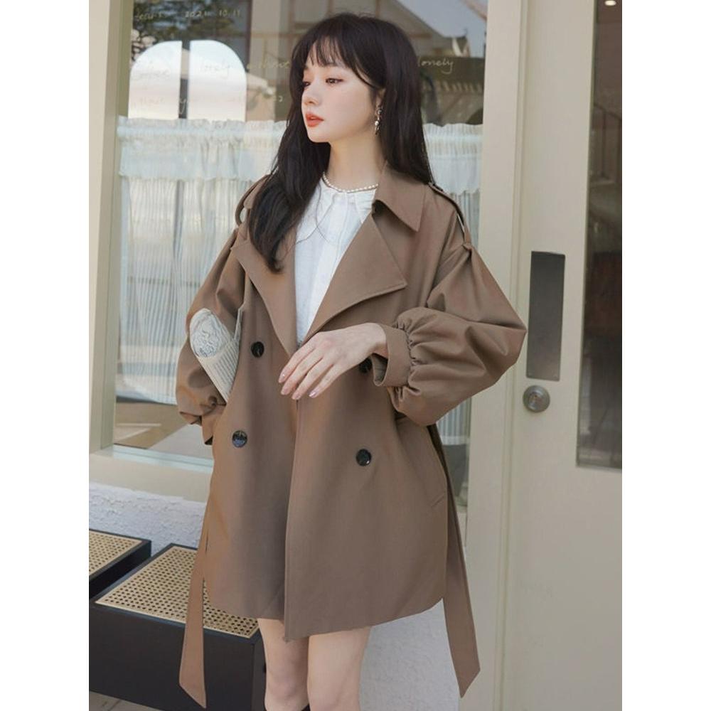 Coffee Color Short Windbreaker Jacket Women's Loose Spring and Autumn Small Lantern Sleeve Coat
